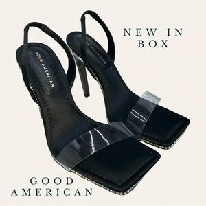 GOOD‎ AMERICAN CRYSTAL CRUSH LUCITE SANDAL STILETTO HEELS WITH RHINESTONES SZ 9